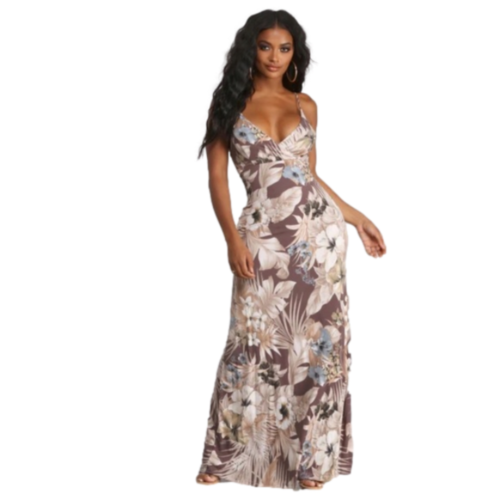 WINDSOR Maxi Dress Surplice Wrap Tropical Floral Lavender Tan Pale Blue Women L